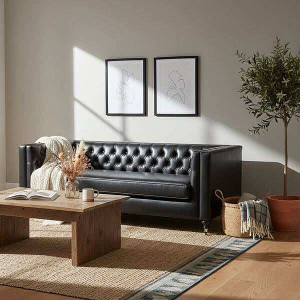 Belmont Modern Chester Kanepe - Siyah Suni Deri 3 Kişilik - 4