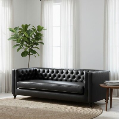 Belmont Modern Chester Kanepe - Siyah Suni Deri 3 Kişilik - 5