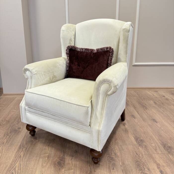 Klasik Kulaklı Berjer Krem Kadife - 3