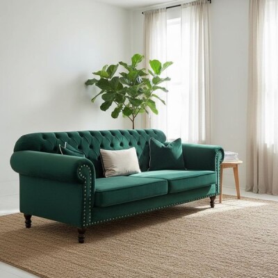 Rona Chesterfield Kapitoneli Kadife Kanepe - Yeşil Leke Tutmaz Kumaş - 3