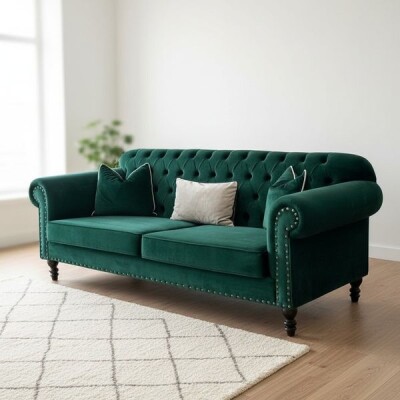 Rona Chesterfield Kapitoneli Kadife Kanepe - Yeşil Leke Tutmaz Kumaş - 4