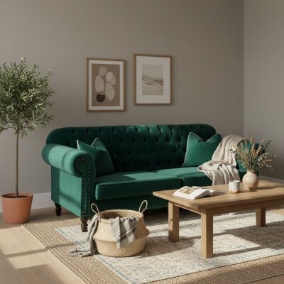 Rona Chesterfield Kapitoneli Kadife Kanepe - Yeşil Leke Tutmaz Kumaş - 5